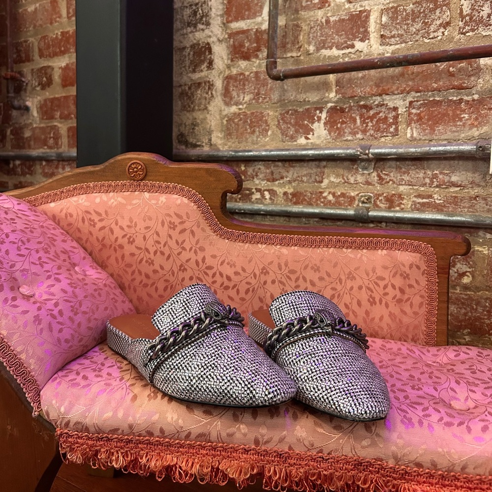Kurt Geiger London Chelsea Crystal Embellished Houndstooth Chain Hardware Mules